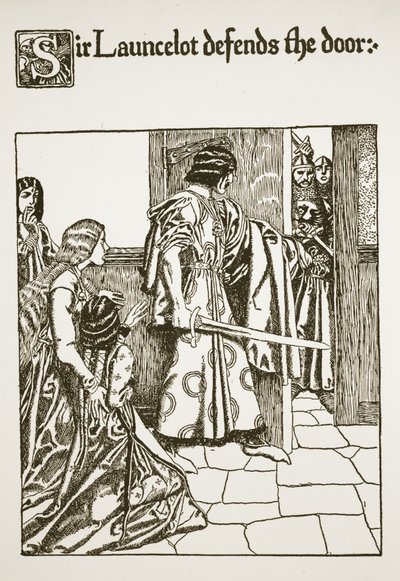 Sir Launcelot defends the door, illustration from 